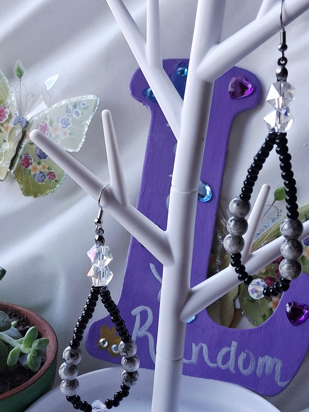 Handmade Black and Gray Beaded Teardrop Earrings